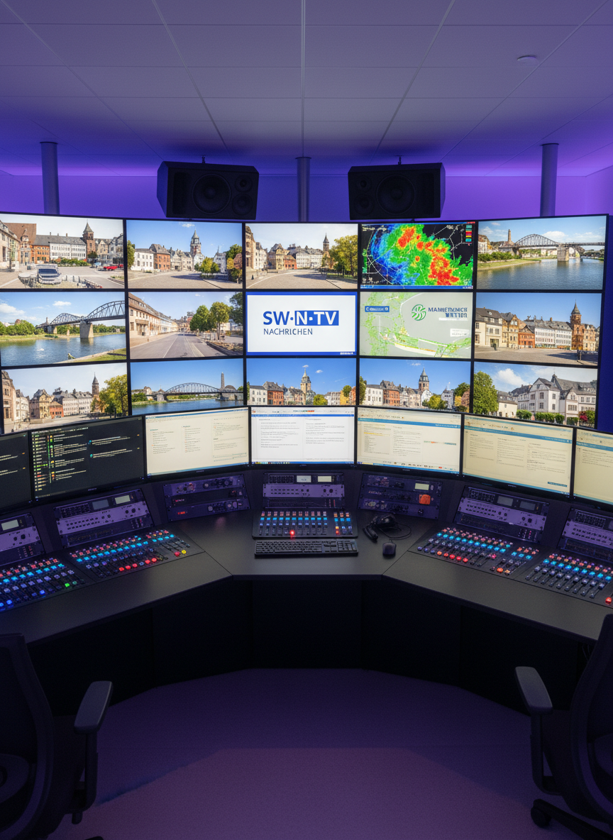 A tidy control room for a local TV station, featuring a long console filled with color-calibrated monitors displaying various Schweinfurt street scenes, weather radar over Mainfranken, and a clean news graphics interface branded “SW-N-TV.” Below the screens are neatly arranged mixing consoles, faders, and illuminated buttons in orderly rows. The room is bathed in cool, dim ambient light, with the primary illumination coming from the monitor glow, casting subtle reflections on the matte black equipment surfaces. The atmosphere feels focused and technical yet controlled, emphasizing precision. Captured from an elevated corner angle with leading lines drawing the eye along the console, the composition is balanced and structured, in a realistic, corporate photographic style.